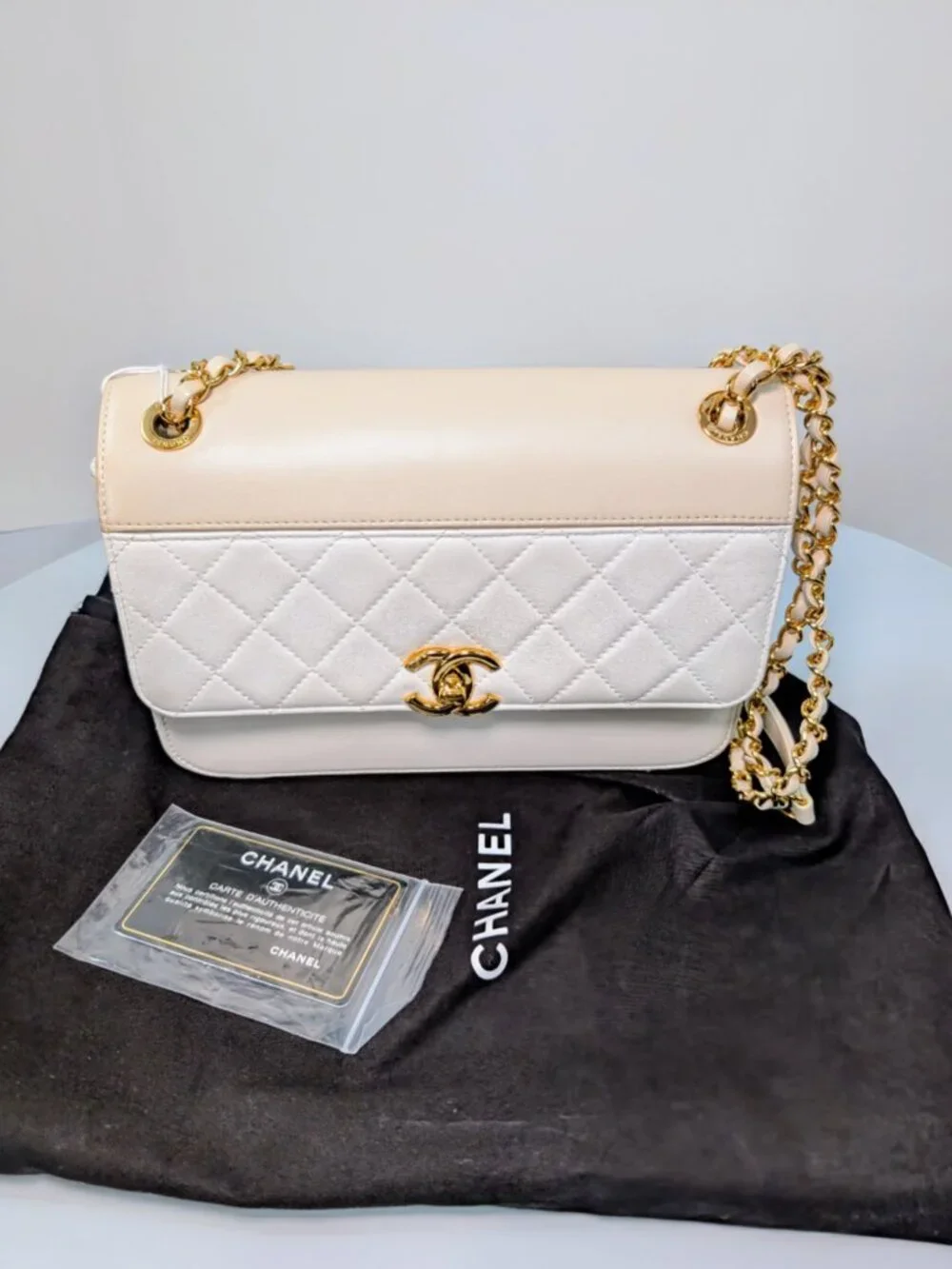 Chanel Beige and White Lambskin Leather Medium Flap Bag